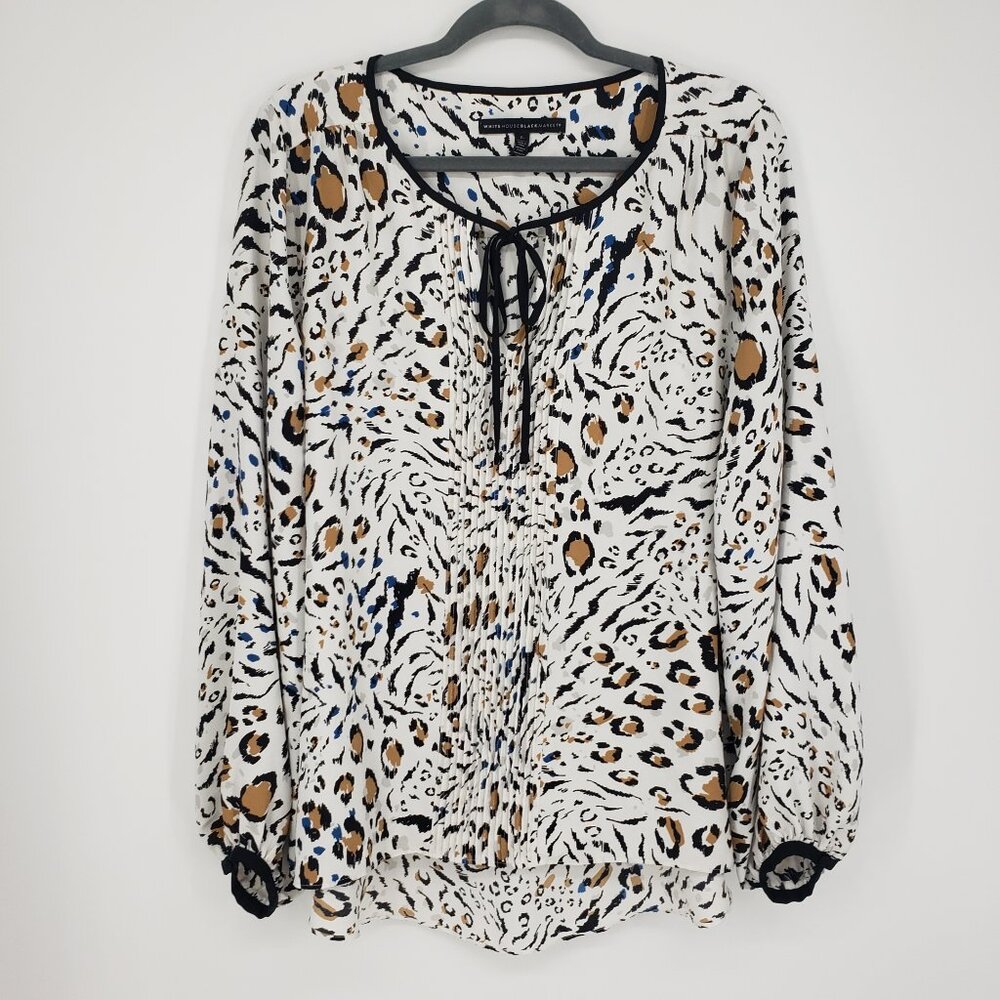 3/$25 437 White House Black Market Leopard Print Blouse Top L Long Sleeves Ties